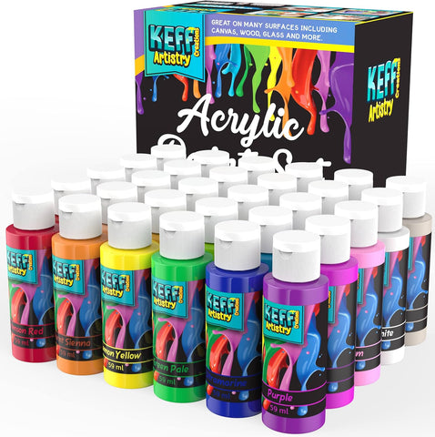 Keff Acrylic Paint Set - 30 Color Bottles 2oz 59ml Art Craft Paints for Canvas, Ceramic, Wood, Clay, Rock, Outdoor Painting Supplies - Water-Based